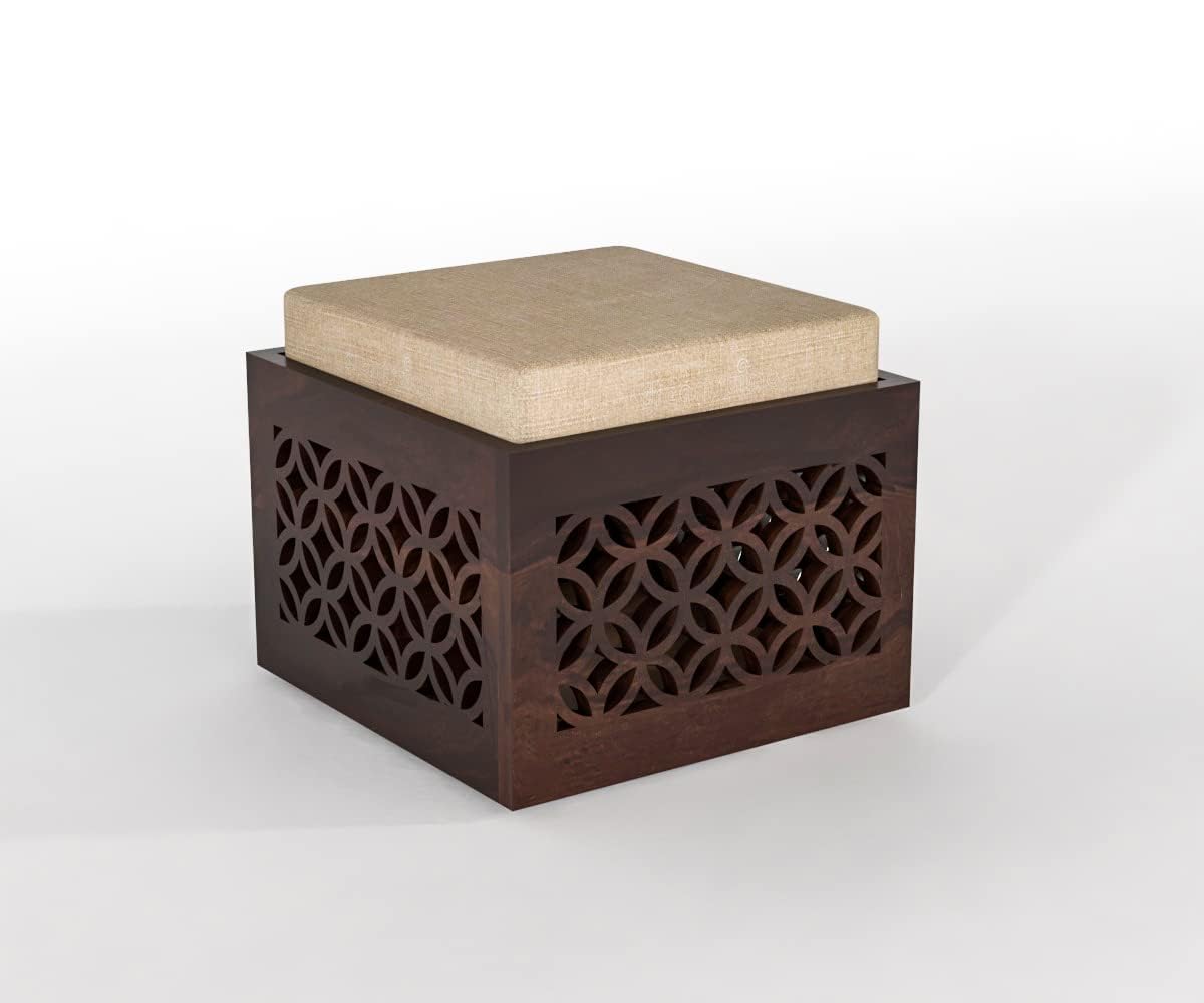 Dark Walnut Sheesham Wood Carved Storage Ottoman Stool Set of 2 with Cushioned Seat for Living Room and Bedroom