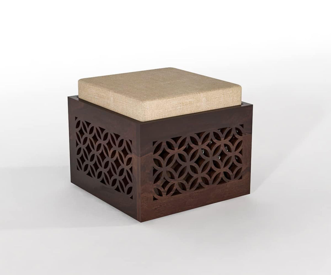 Dark Walnut Sheesham Wood Carved Storage Ottoman Stool Set of 2 with Cushioned Seat for Living Room and Bedroom