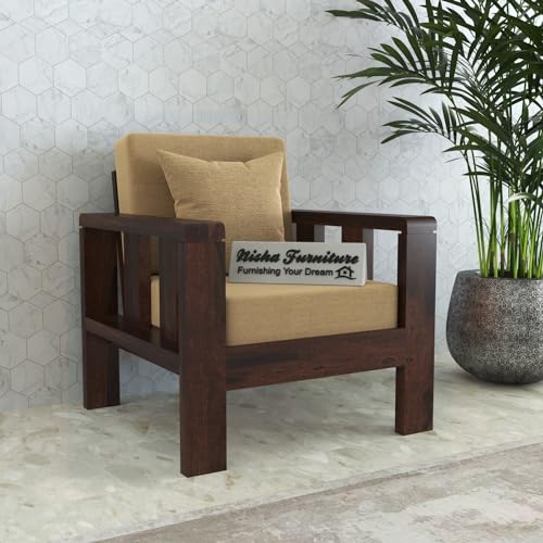 Solid Sheesham Wood 1 Seater Sofa | Premium Wooden Armchair with Beige Cushion