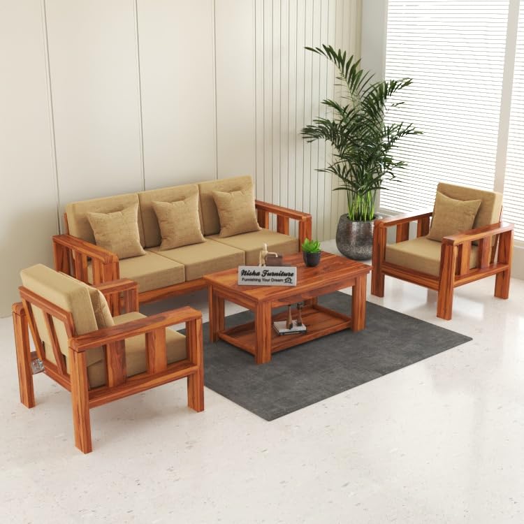 Modern 3+1+1 Wooden Sofa Set with Premium Beige Fabric | Honey Finish For Living Room