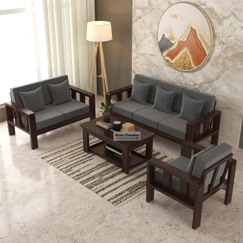 Solid Sheesham Wood Sofa Set | 3+1+1 Seater Wooden Sofa with Grey Cushions (Walnut Finish)