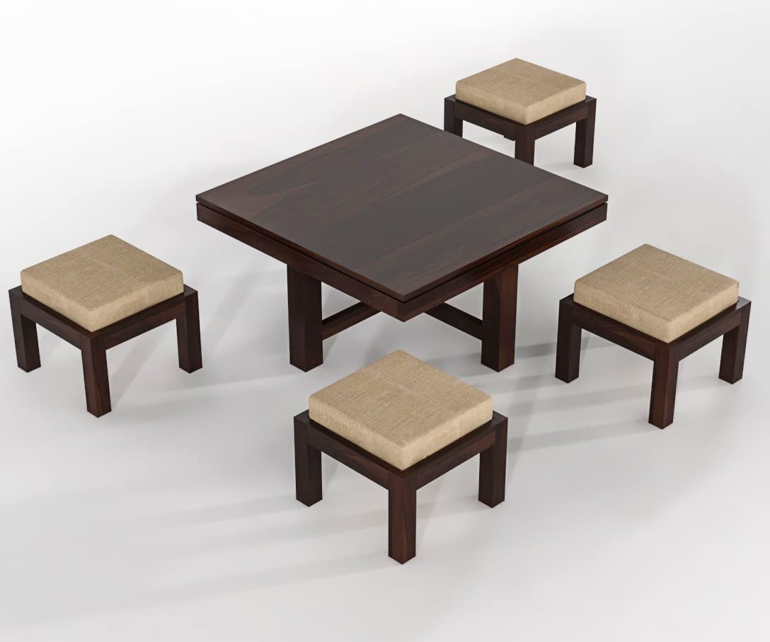 Nisha Furniture Wooden Coffee Table with 4 Cushioned Stools | Space Saving Center Table