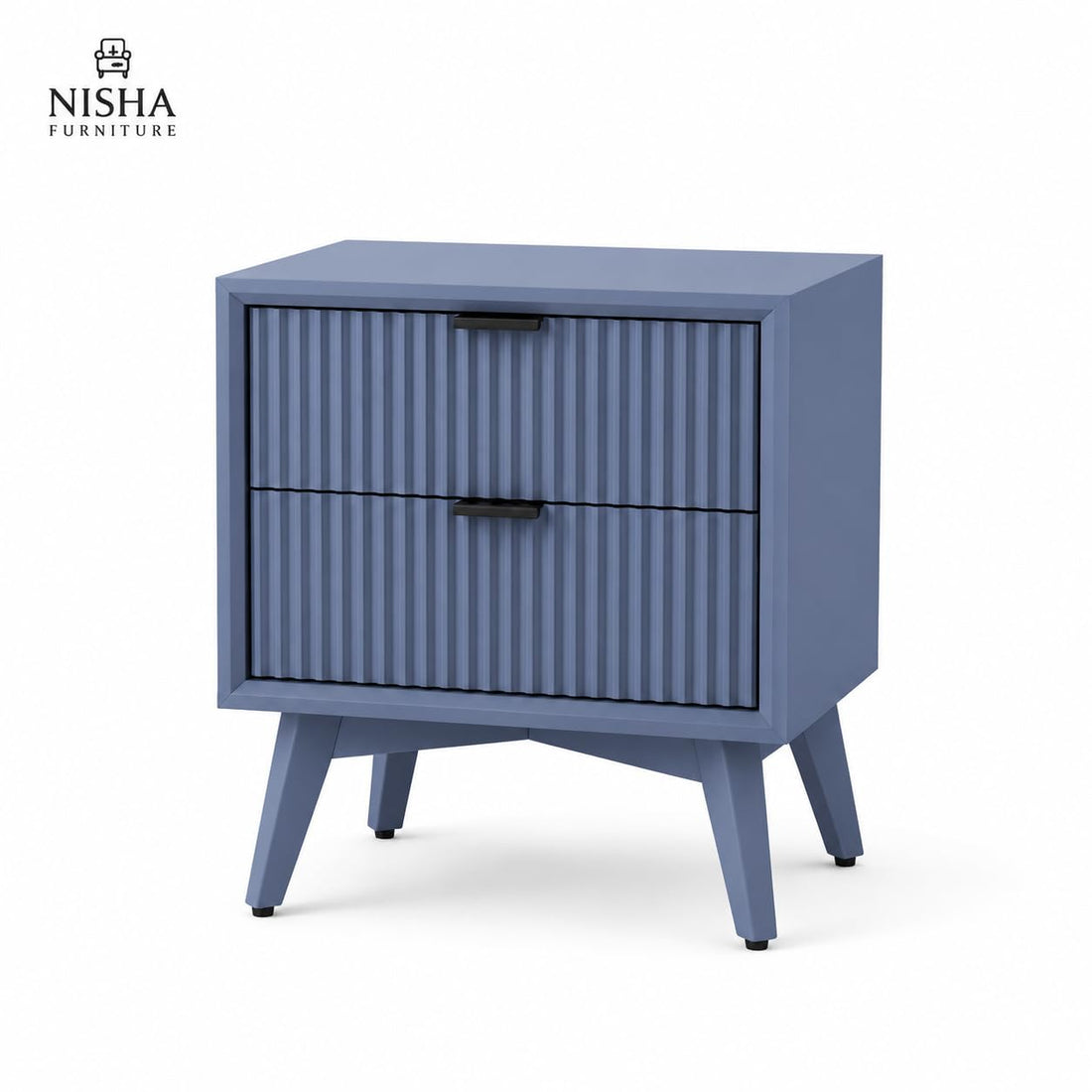 Modern Blue Fluted Bedside Table with 2 Drawers