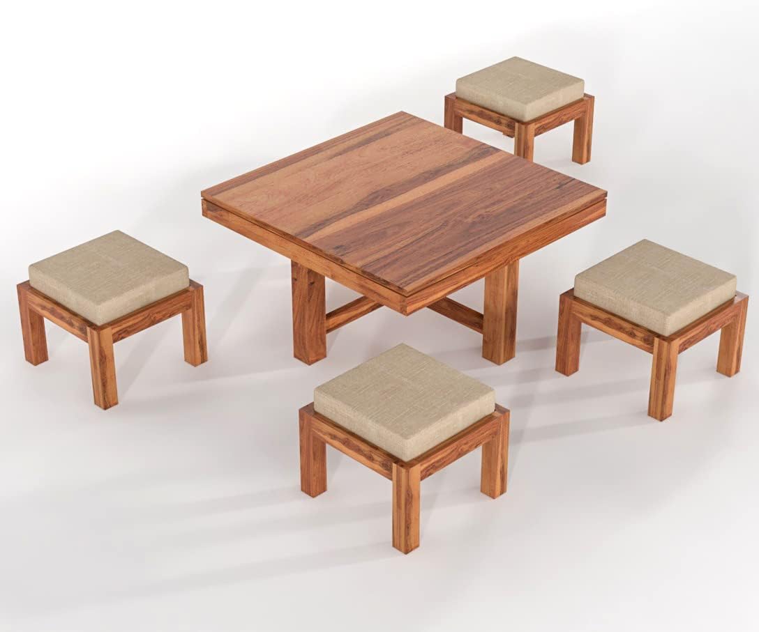 Solid Sheesham Ottoman Stool Set of 2 with Cushioned Upholstered Seat for Living Room