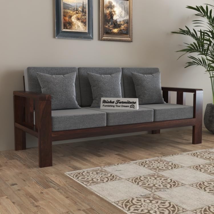 Modern 3 Seater Wooden Sofa with Walnut Finish & Grey Fabric | Solid Living Room Sofa