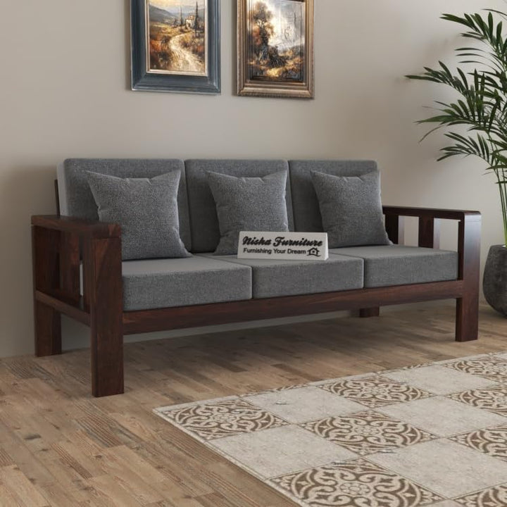 Modern 3 Seater Wooden Sofa with Walnut Finish & Grey Fabric | Solid Living Room Sofa