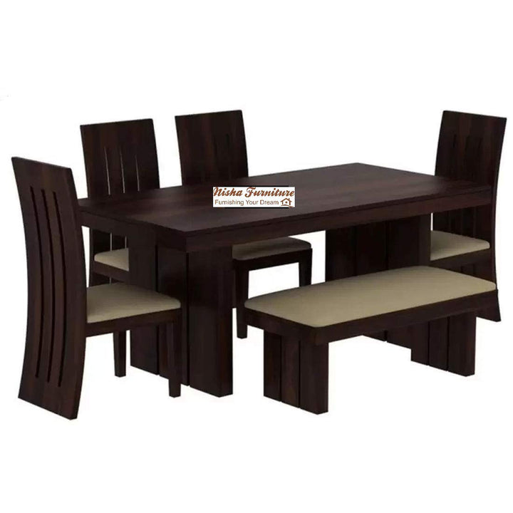 Solid Sheesham Wood 6 Seater Dining Table Set with Bench