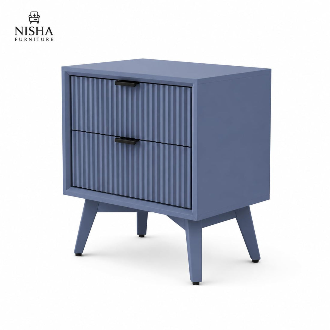 Modern Blue Fluted Bedside Table with 2 Drawers