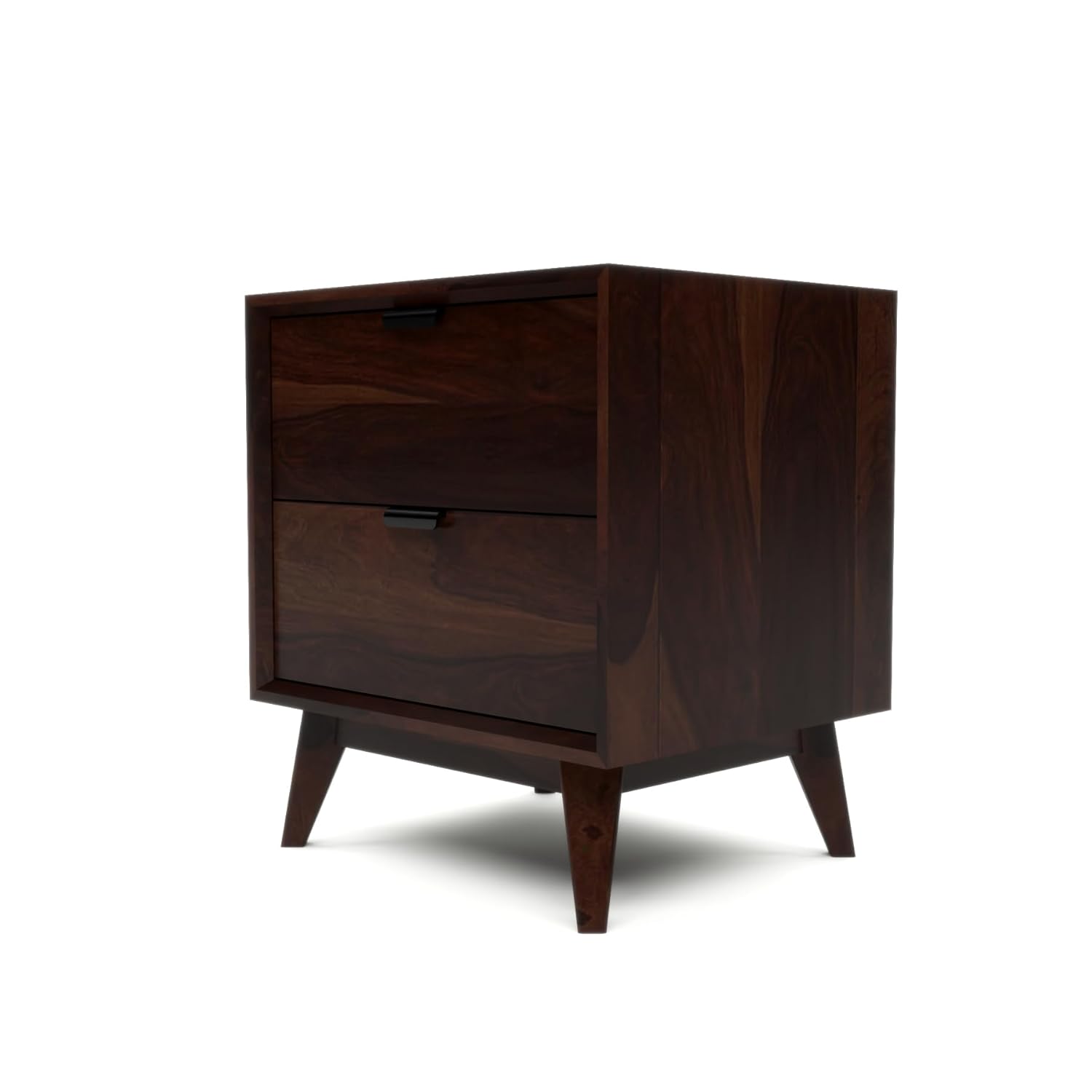Solid Sheesham Wood Bedside Table | Walnut Finish Wooden Nightstand with 2 Drawers