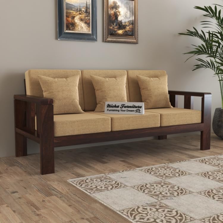 Modern 3 Seater Wooden Sofa with Dark Walnut Finish & Premium Beige Fabric