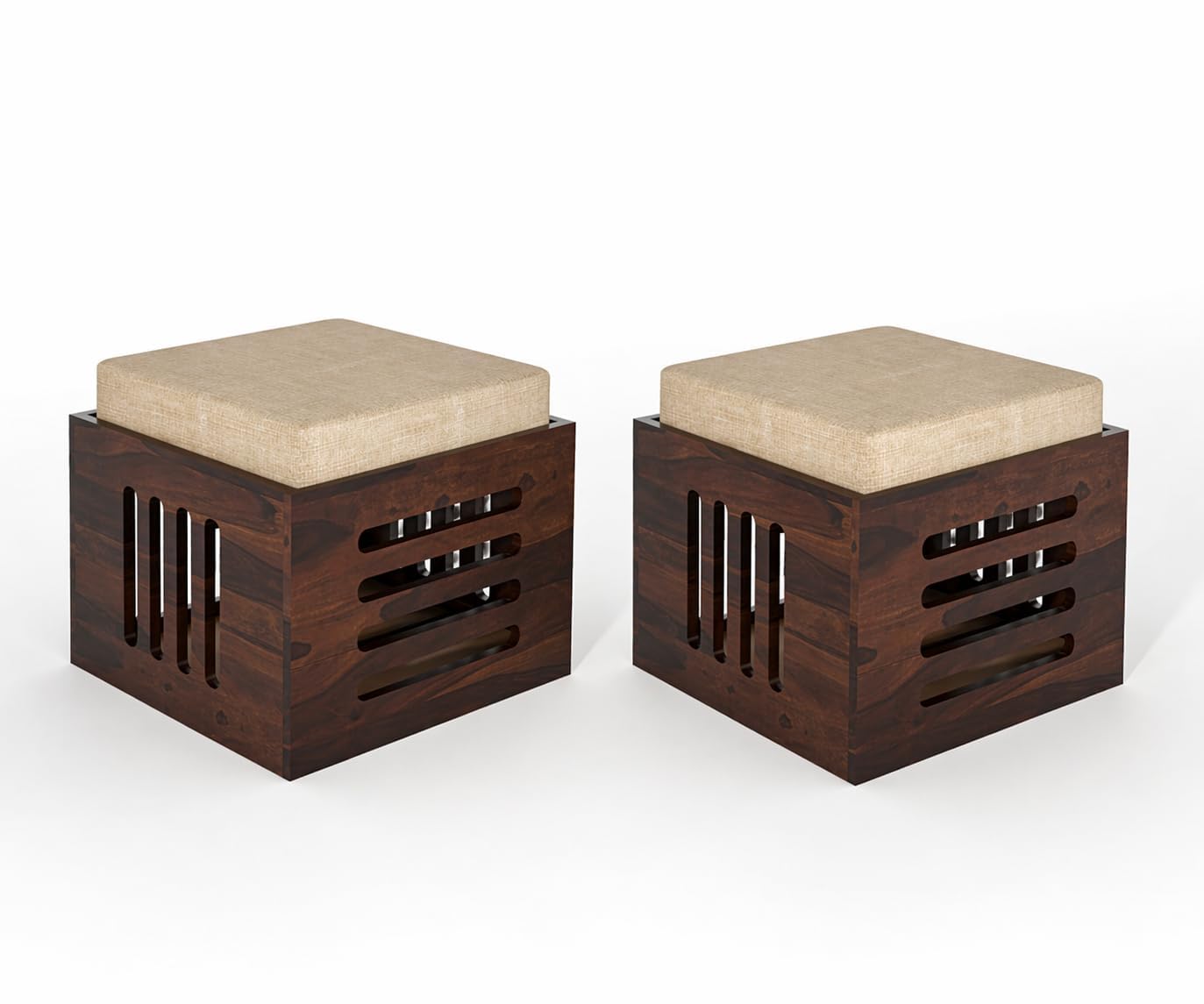 Dark Sheesham Wood Storage Ottoman Stool Set of 2 with Cushioned Seat for Living Room and Bedroom