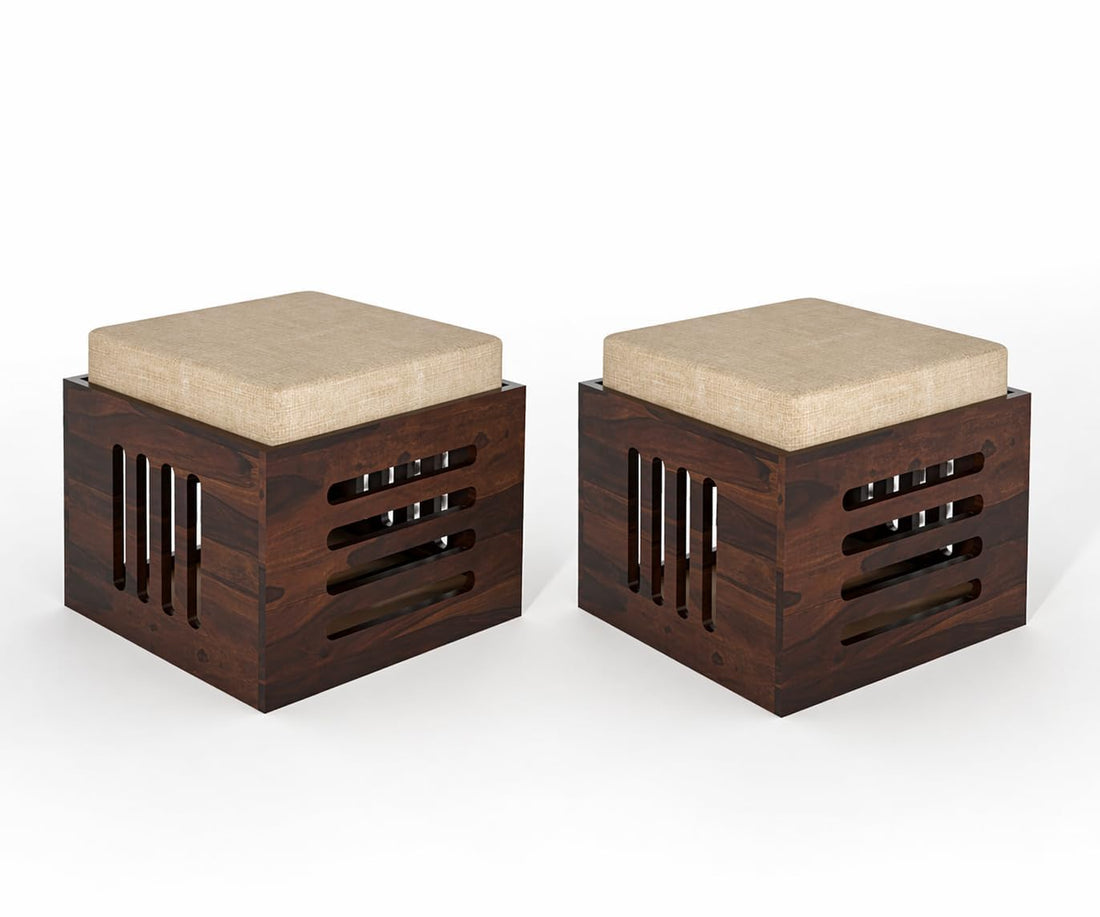 Dark Sheesham Wood Storage Ottoman Stool Set of 2 with Cushioned Seat for Living Room and Bedroom