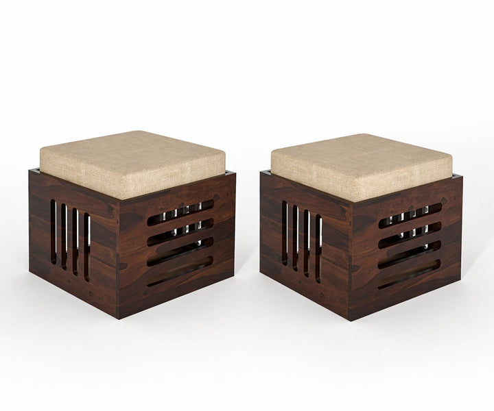 Dark Sheesham Wood Storage Ottoman Stool Set of 2 with Cushioned Seat for Living Room and Bedroom