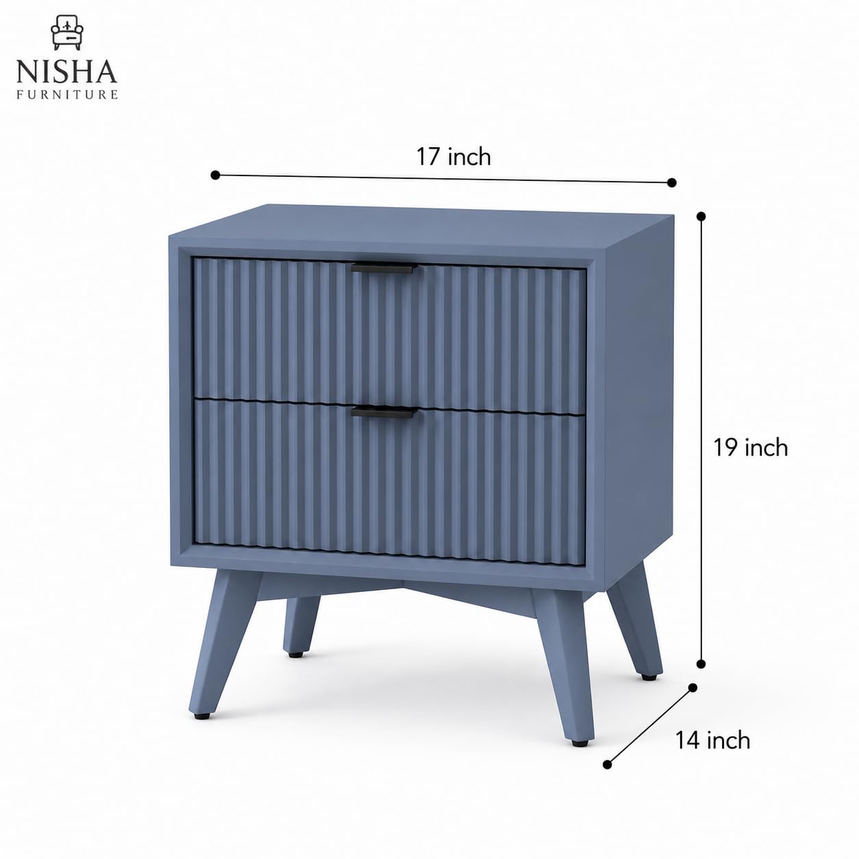 Modern Blue Fluted Bedside Table with 2 Drawers