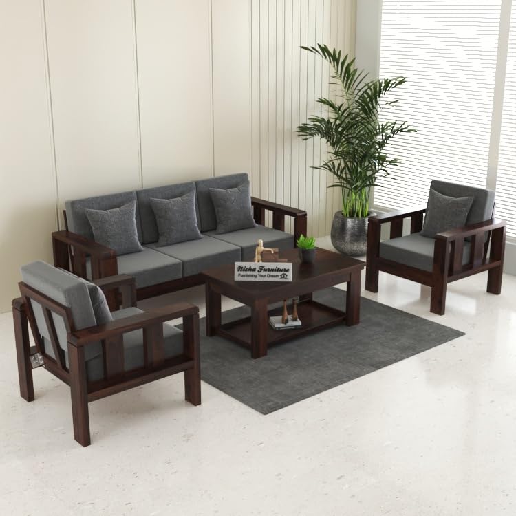 Modern 3+1+1 Wooden Sofa Set with Dark Walnut Finish & Premium Grey Fabric | Living Room Sofa Set