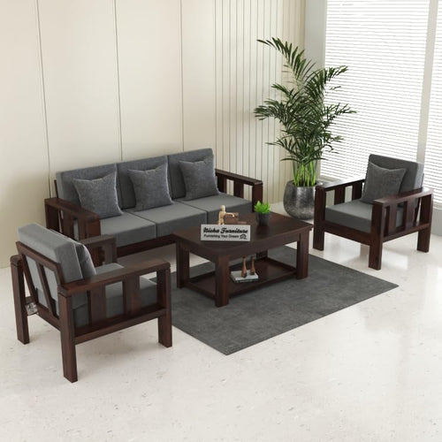 Modern 3+1+1 Wooden Sofa Set with Dark Walnut Finish & Premium Grey Fabric | Living Room Sofa Set