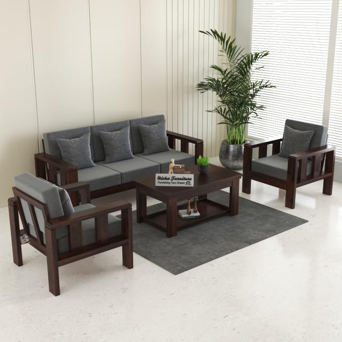 Modern 3+1+1 Wooden Sofa Set with Dark Walnut Finish & Premium Grey Fabric | Living Room Sofa Set