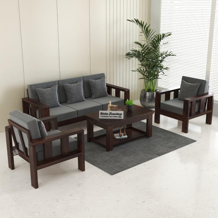 Modern 3+1+1 Wooden Sofa Set with Dark Walnut Finish & Premium Grey Fabric | Living Room Sofa Set