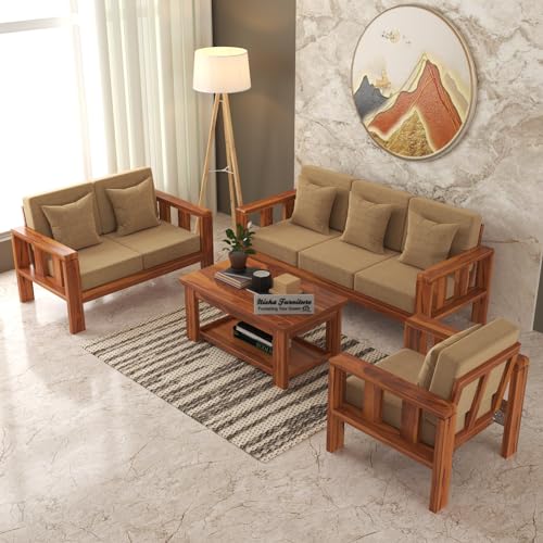 Modern 3+2+1 Wooden Sofa Set with Premium Beige Fabric | Honey Finish For Living Room