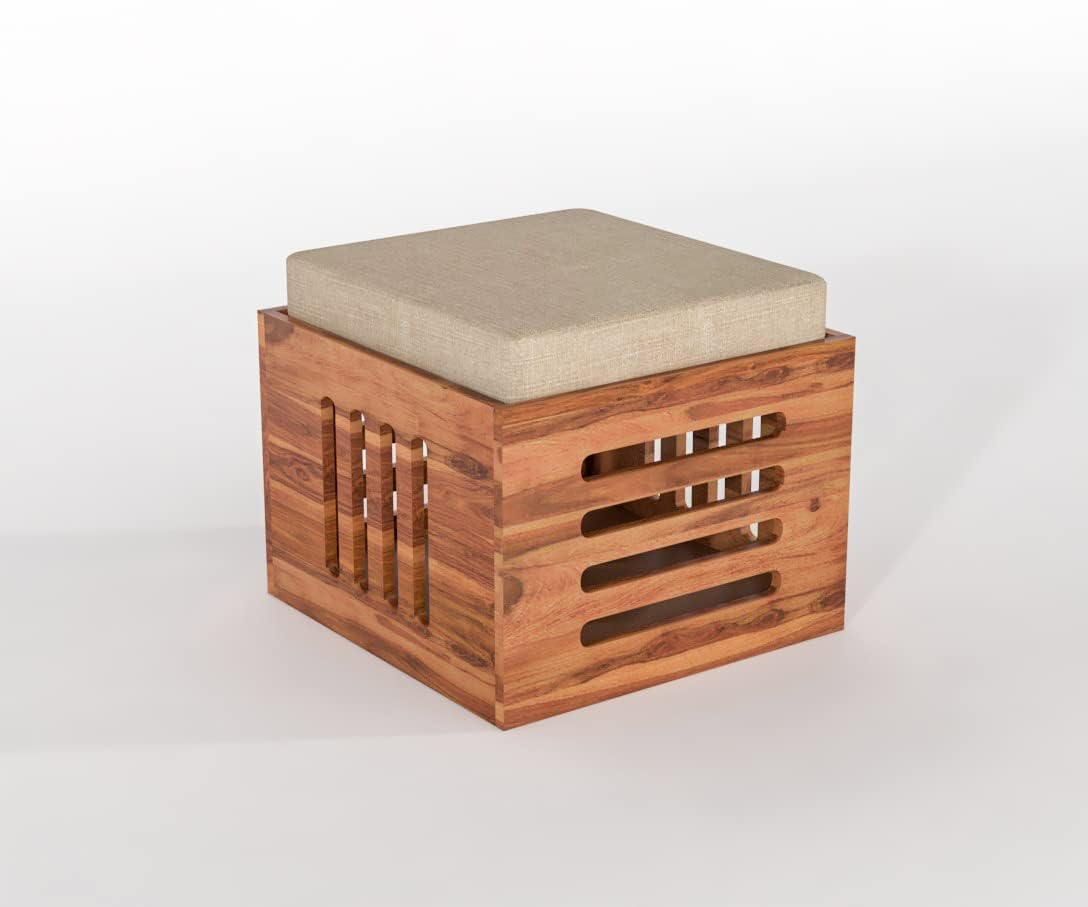 Sheesham Wood Storage Ottoman Stool Set of 2 with Cushioned Seat for Living Room and Bedroom