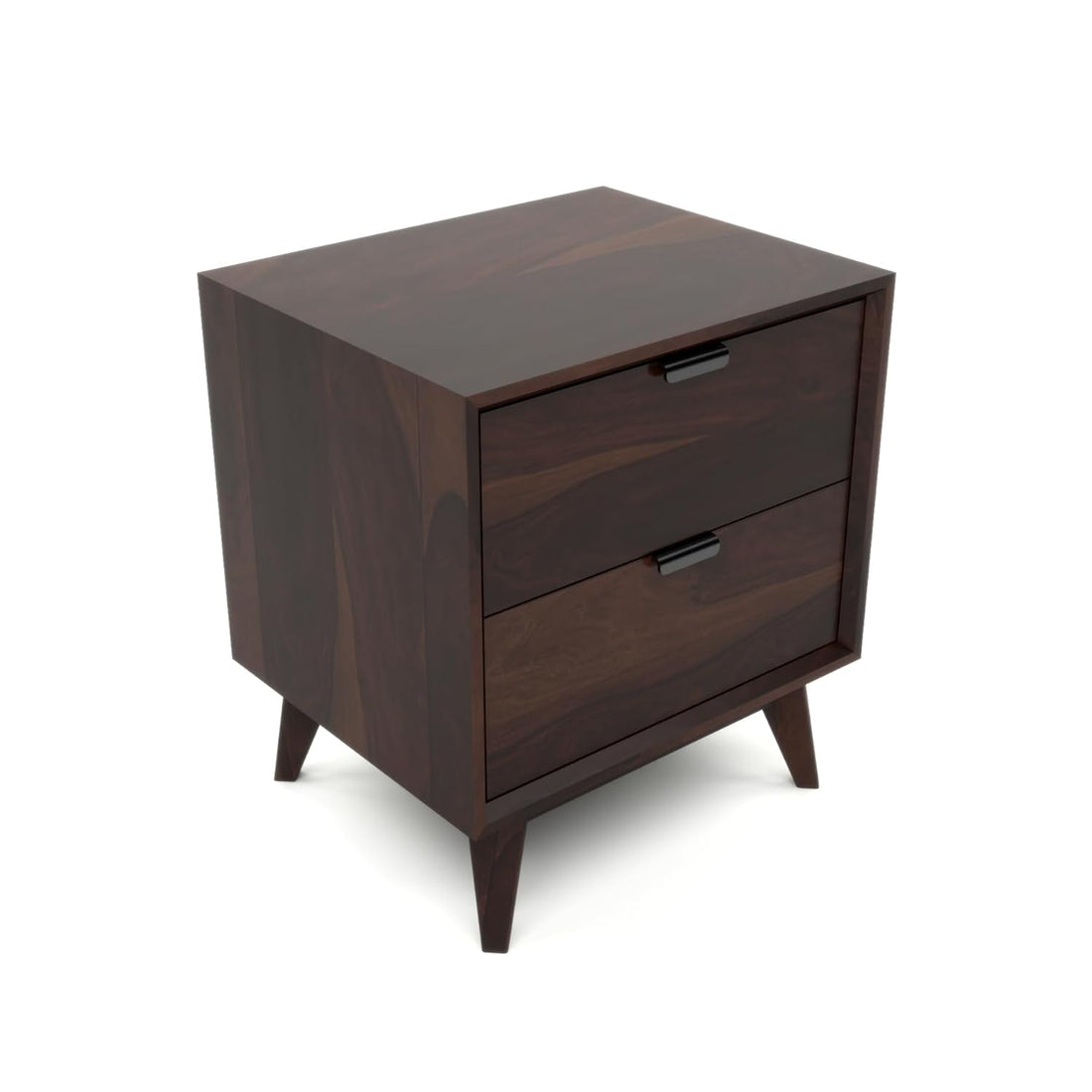 Solid Sheesham Wood Bedside Table | Walnut Finish Wooden Nightstand with 2 Drawers