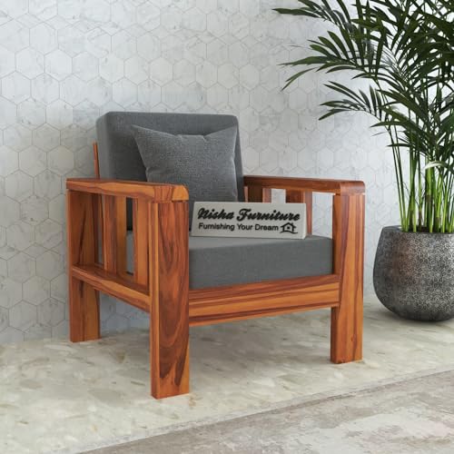 Solid Sheesham Wood 1 Seater Sofa | Modern Wooden Armchair with Grey Cushions