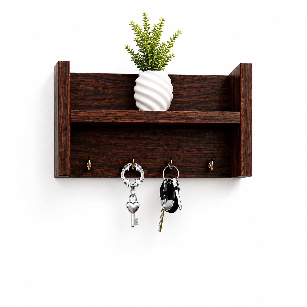 Dark Walnut Wooden Wall Mounted Key Holder Shelf with Decorative Storage Rack