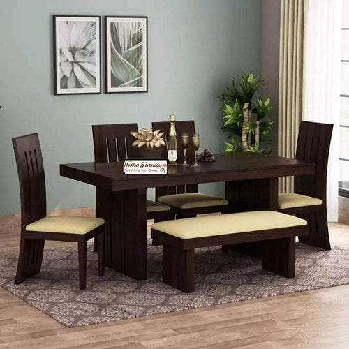 Solid Sheesham Wood 6 Seater Dining Table Set with Bench