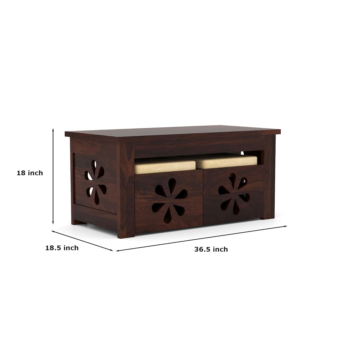 Nisha Furniture Sheesham Wood Coffee Table with 2 Cushioned Stools | Space-Saving Table