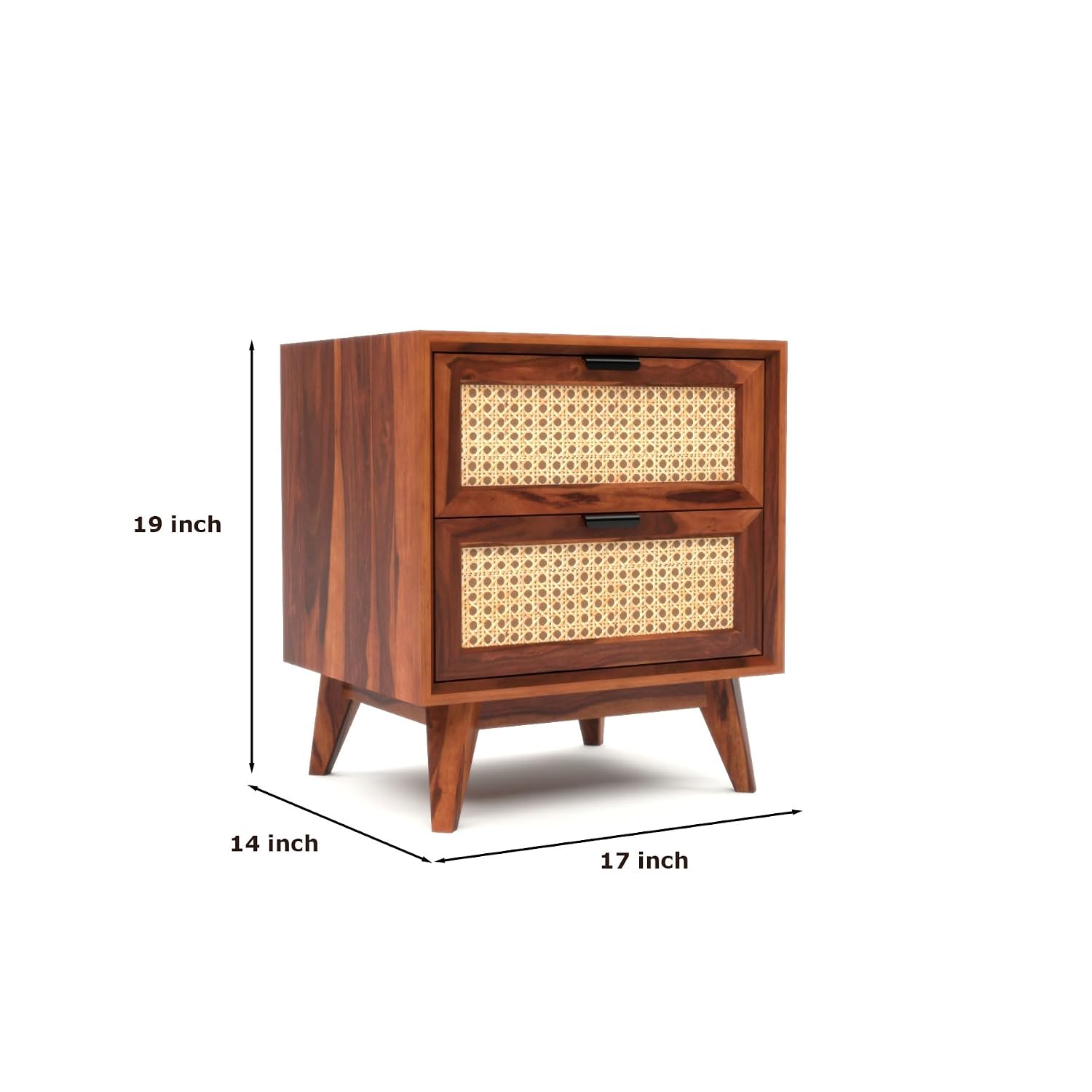 Solid Sheesham Wood Cane Bedside Table | Modern Wooden Nightstand with Storage