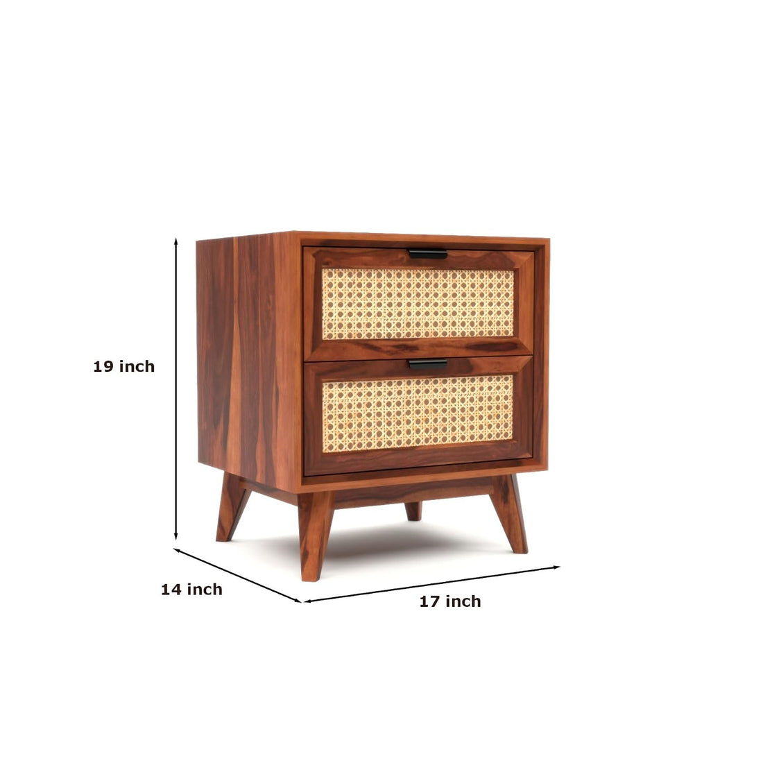 Solid Sheesham Wood Cane Bedside Table | Modern Wooden Nightstand with Storage