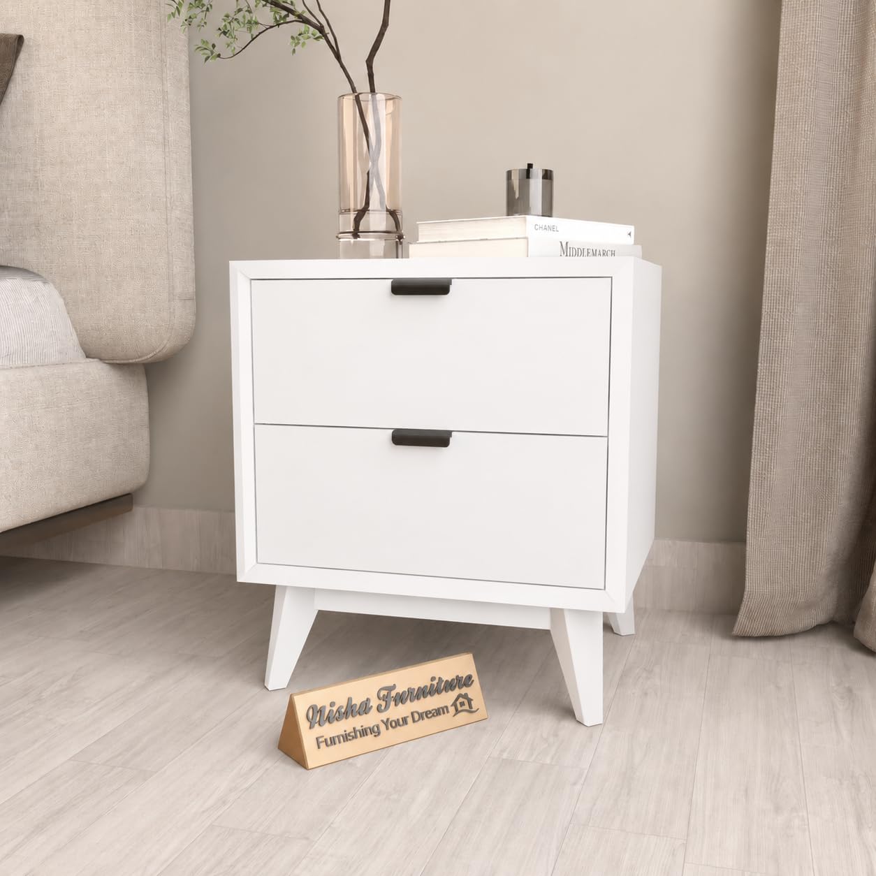 Modern 2 Drawer Bedside Table for Bedroom | Wooden Nightstand with Storage | White Finish