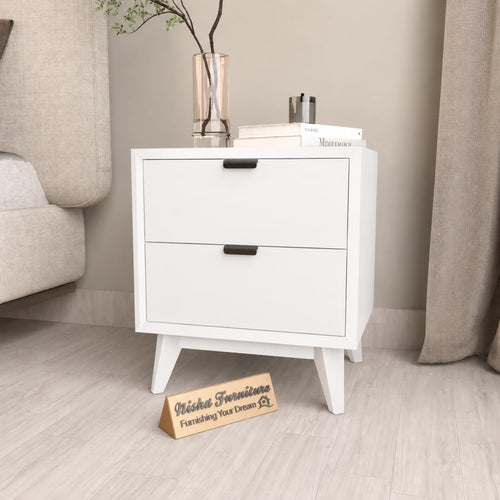 Modern 2 Drawer Bedside Table for Bedroom | Wooden Nightstand with Storage | White Finish