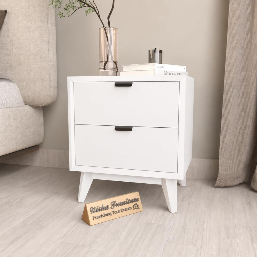 Modern 2 Drawer Bedside Table for Bedroom | Wooden Nightstand with Storage | White Finish