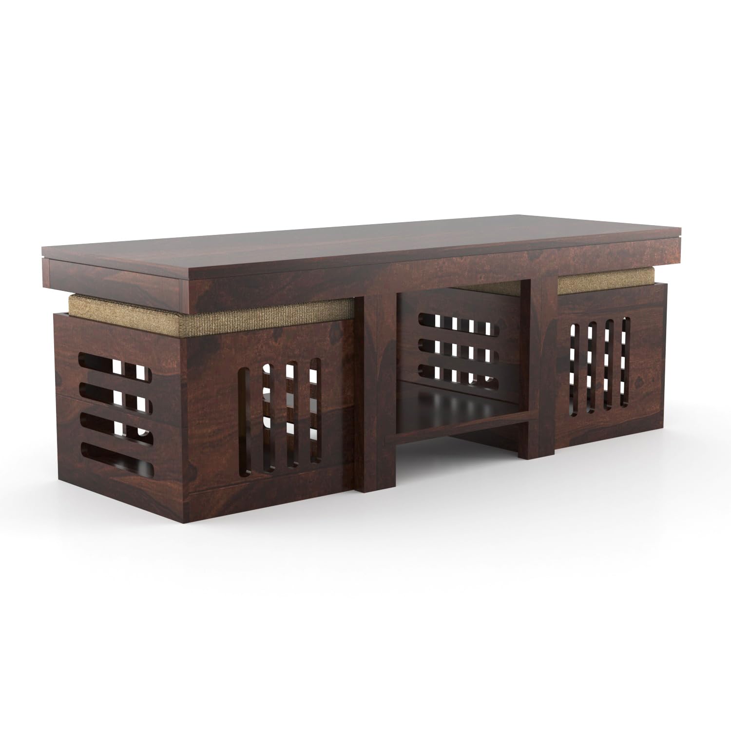 Nisha Furniture Wooden Coffee Table with 2 Cushioned Stools | Modern Center Table for Living Room