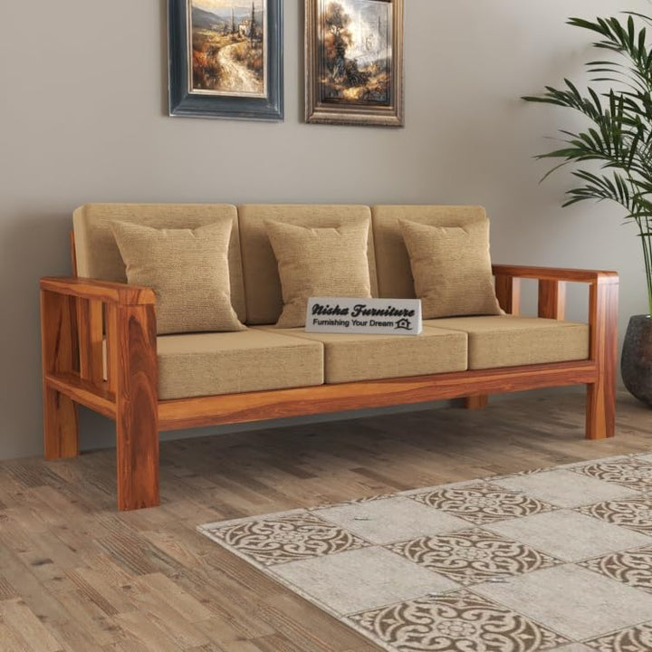 Modern 3 Seater Honey Finish Wooden Sofa with Beige Fabric | Solid Wood Living Sofa
