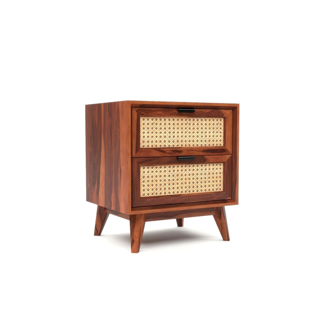 Solid Sheesham Wood Cane Bedside Table | Modern Wooden Nightstand with Storage