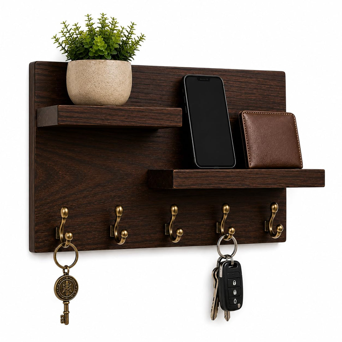Wall Mounted Wooden Key Holder with Shelves and Hooks for Entryway, Living Room, and Office