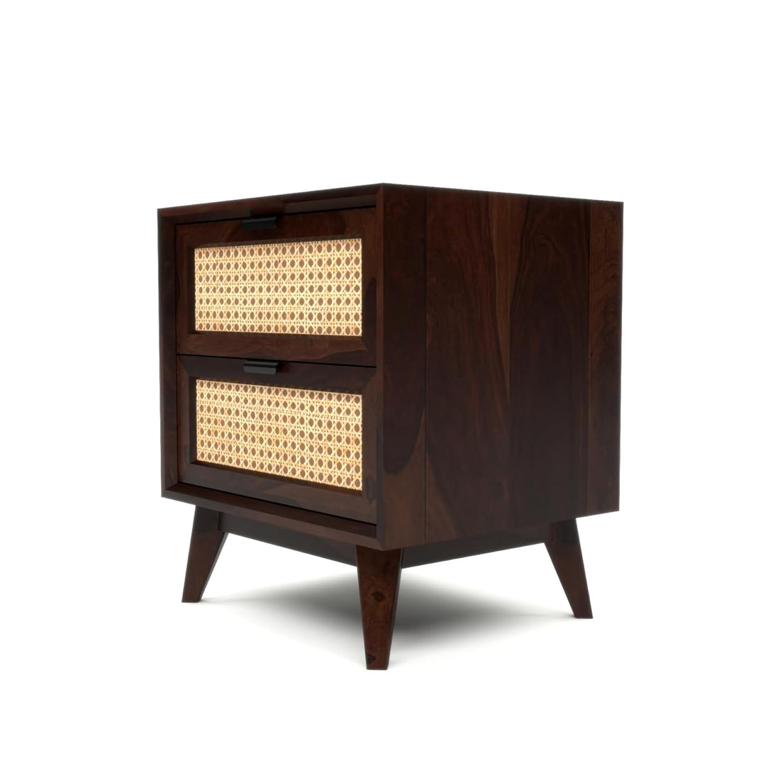 Solid Sheesham Wood Cane Bedside Table | Walnut Finish Wooden Nightstand with Storage