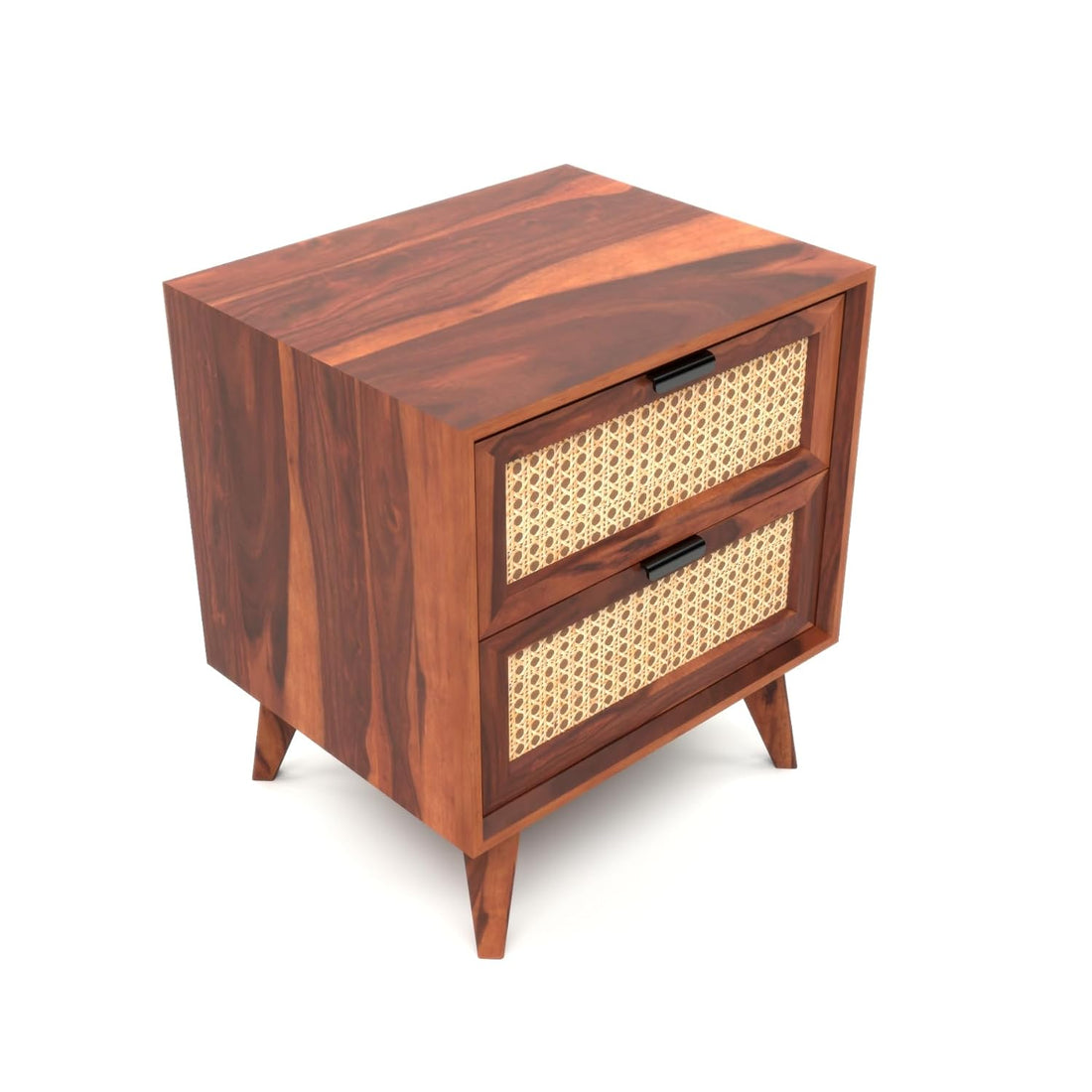 Solid Sheesham Wood Cane Bedside Table | Modern Wooden Nightstand with Storage