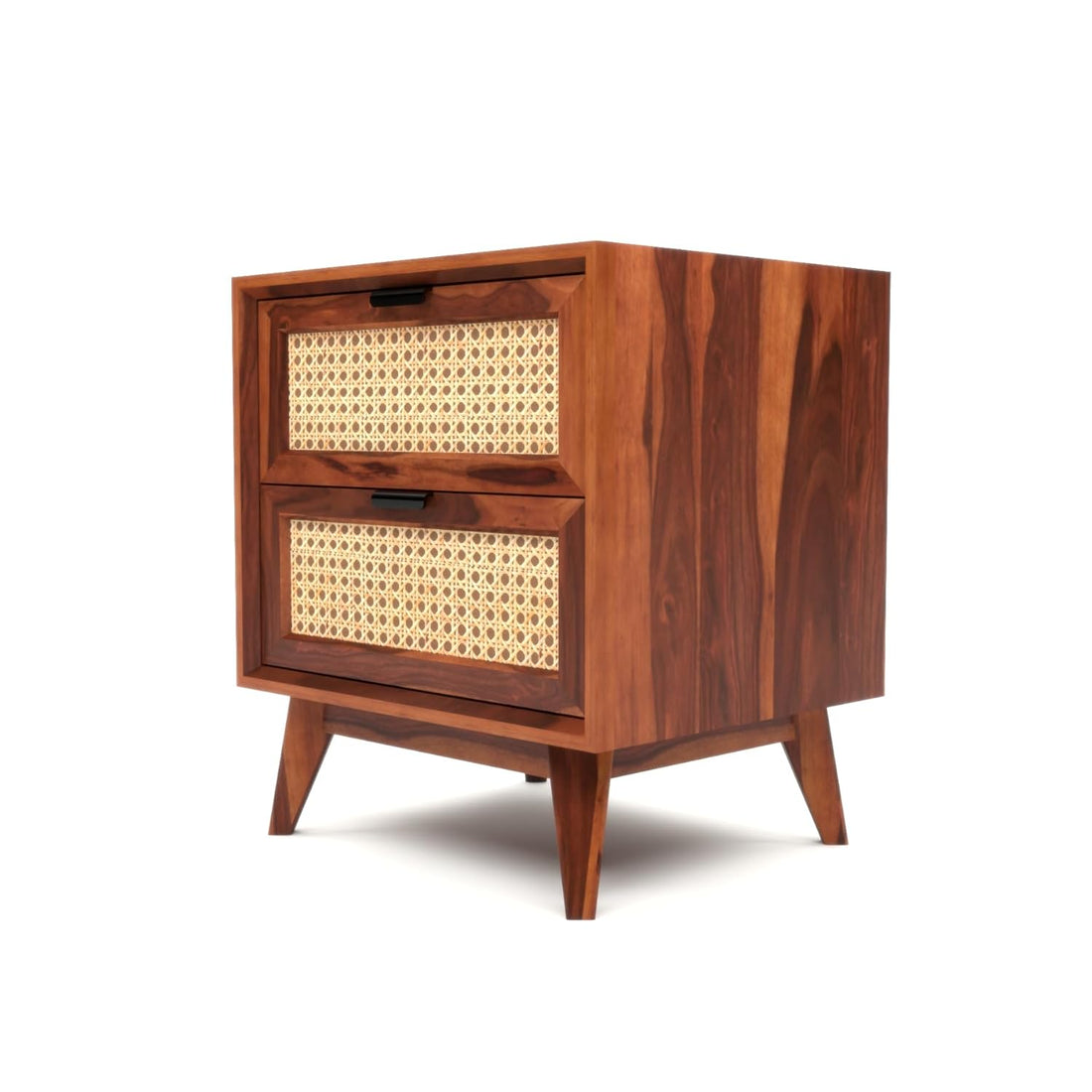 Solid Sheesham Wood Cane Bedside Table | Modern Wooden Nightstand with Storage