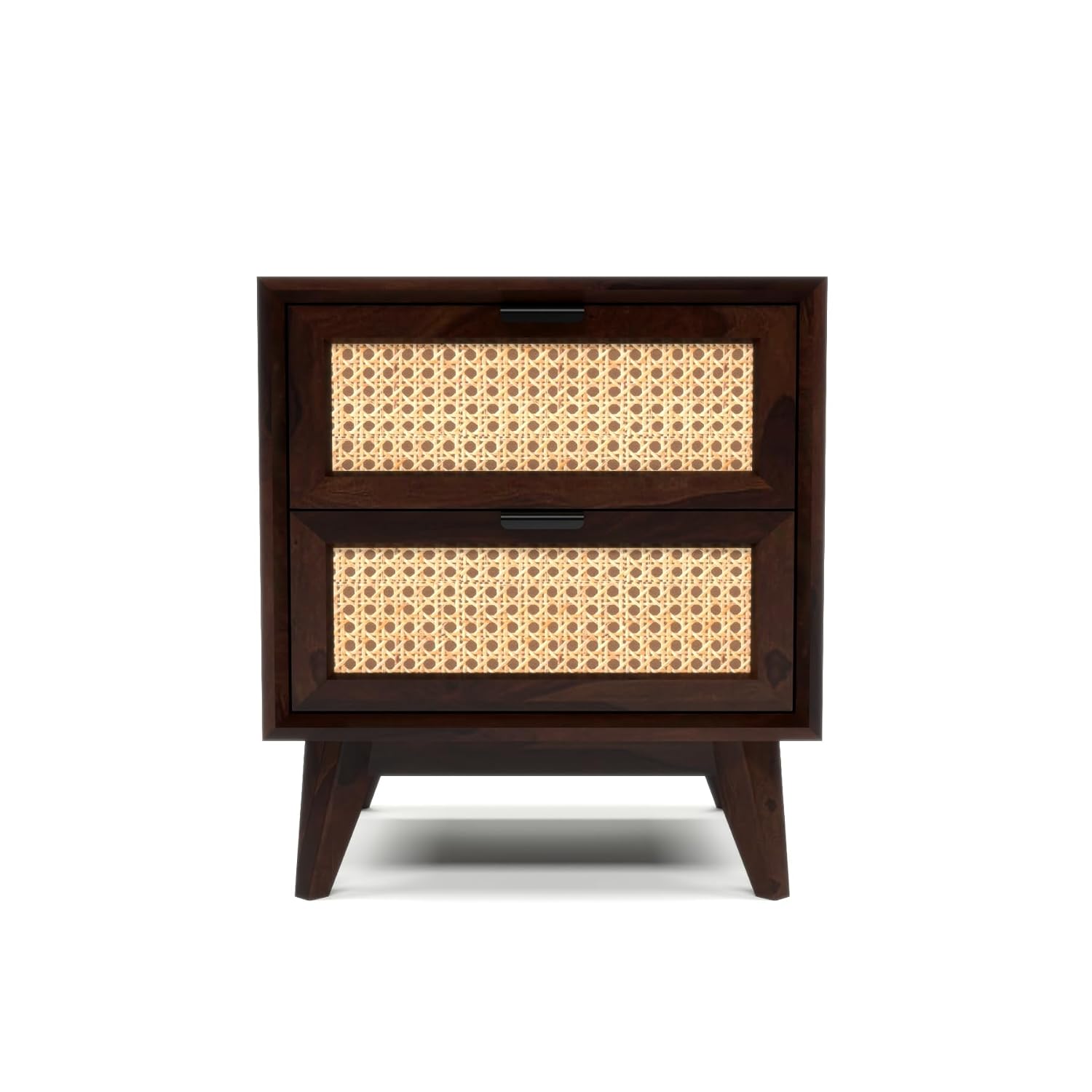 Solid Sheesham Wood Cane Bedside Table | Walnut Finish Wooden Nightstand with Storage