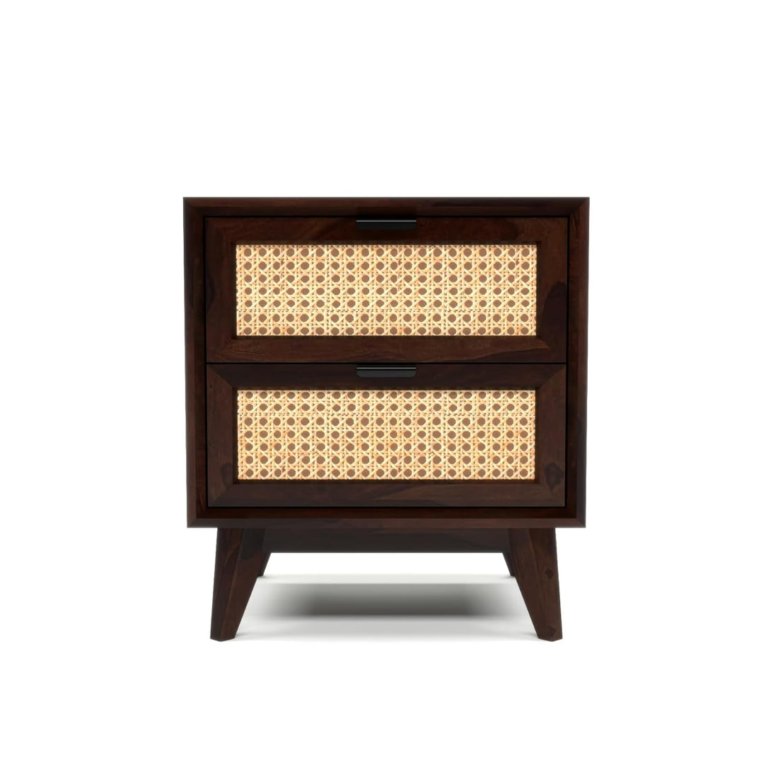 Solid Sheesham Wood Cane Bedside Table | Walnut Finish Wooden Nightstand with Storage