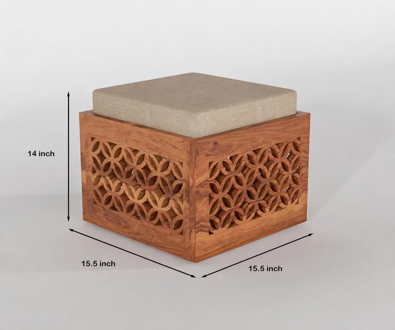 Sheesham Wood Carved Storage Ottoman Stool Set of 2 with Cushioned Seat for Living Room and Bedroom