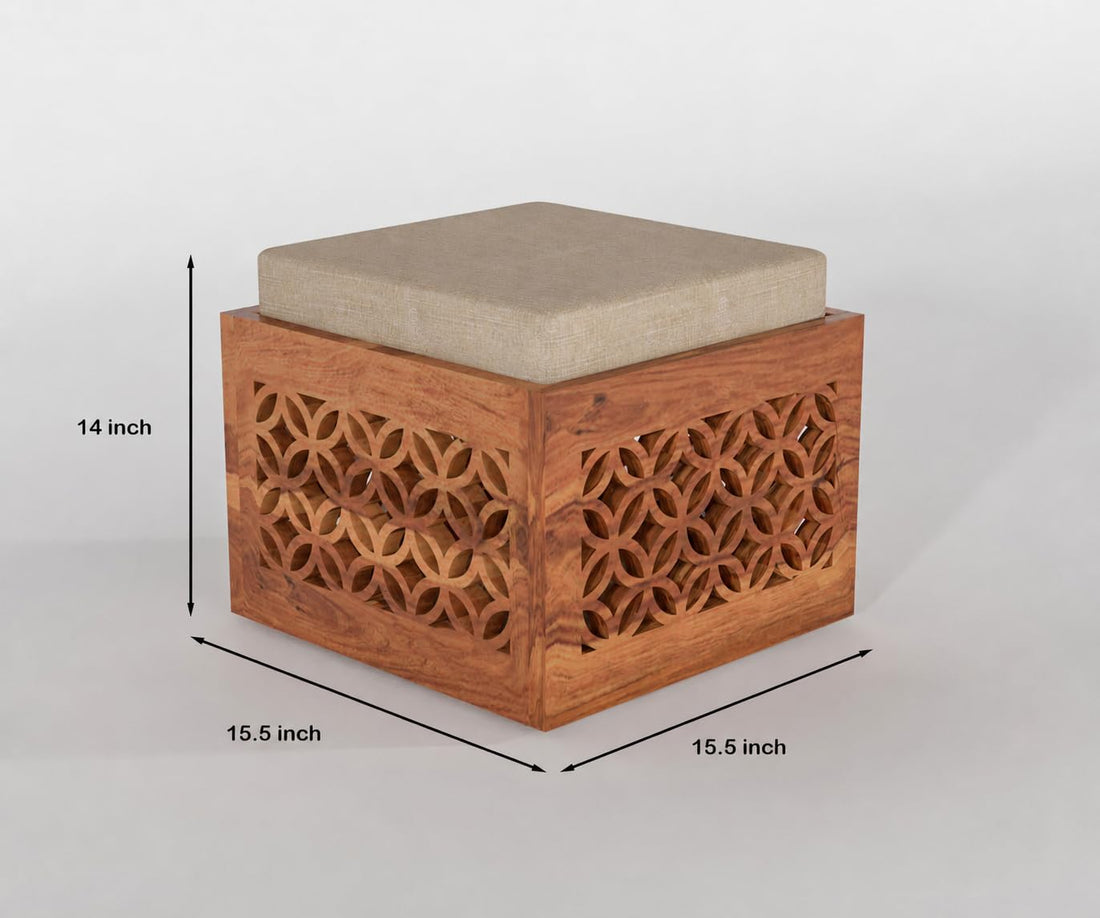 Sheesham Wood Carved Storage Ottoman Stool Set of 2 with Cushioned Seat for Living Room and Bedroom