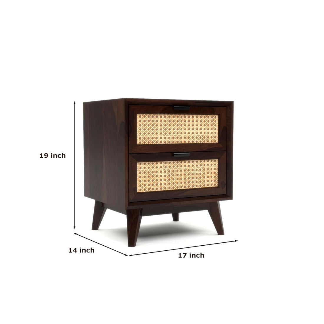 Solid Sheesham Wood Cane Bedside Table | Walnut Finish Wooden Nightstand with Storage