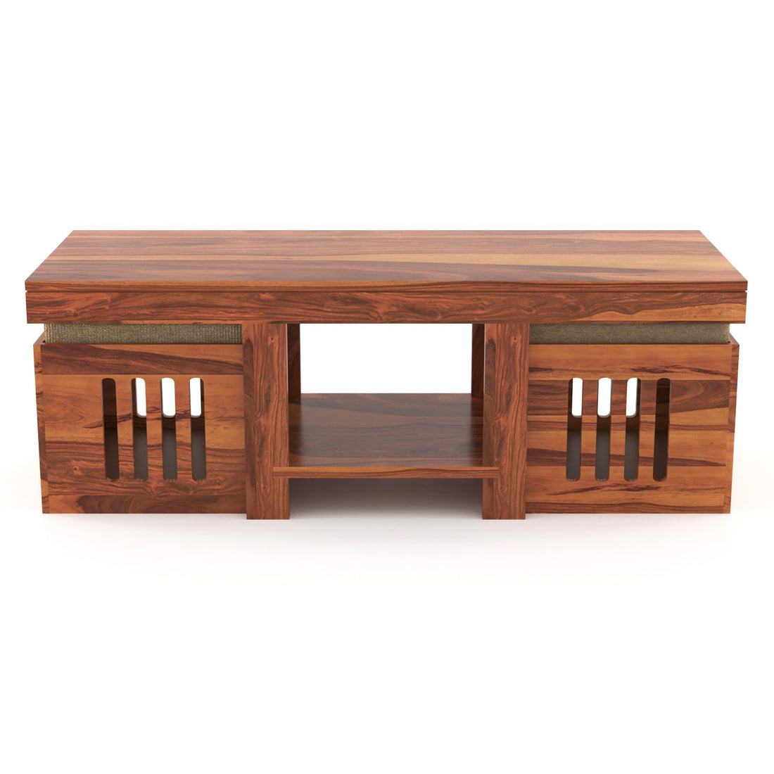 Nisha Furniture Sheesham Wood Coffee Table with 2 Cushioned Stools | Living Room