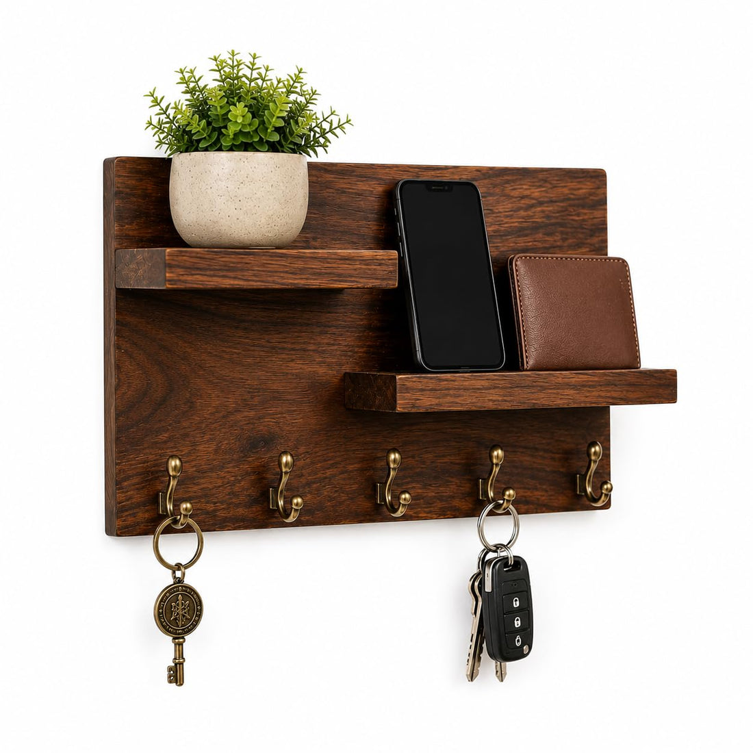 Modern Wooden Wall Mounted Key Holder Rack with Mobile & Wallet Shelf