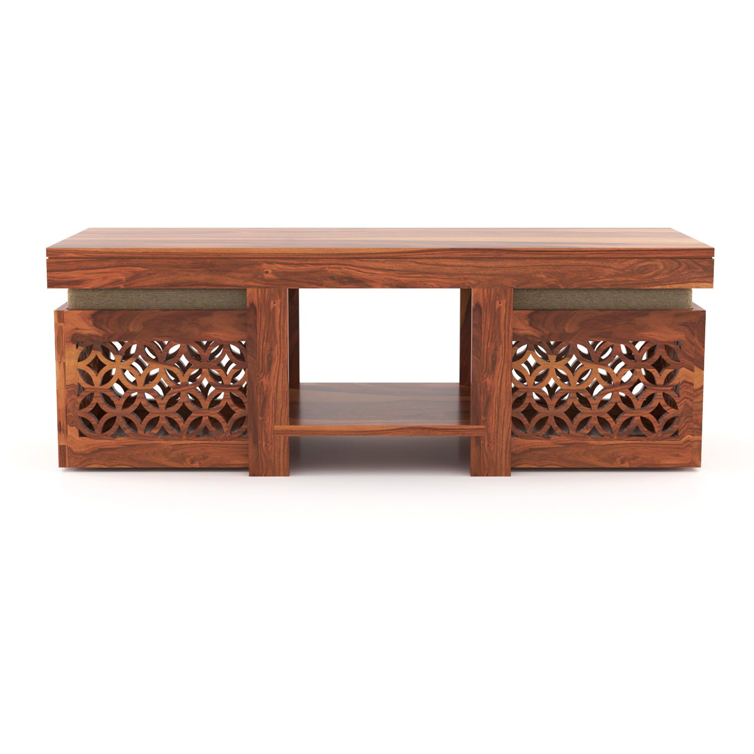 Nisha Furniture Sheesham Wood Coffee Table with 2 Cushioned Stools | Modern Living Room Center Table