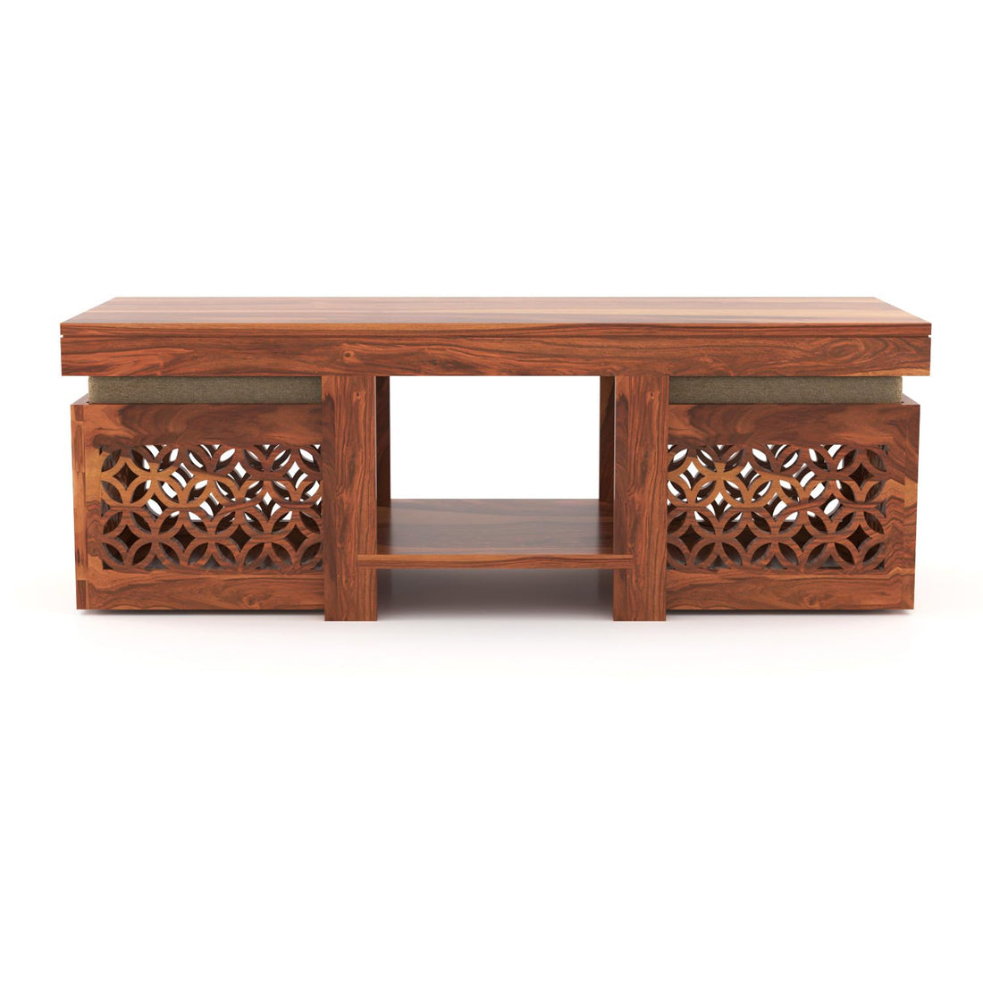 Nisha Furniture Sheesham Wood Coffee Table with 2 Cushioned Stools | Modern Living Room Center Table